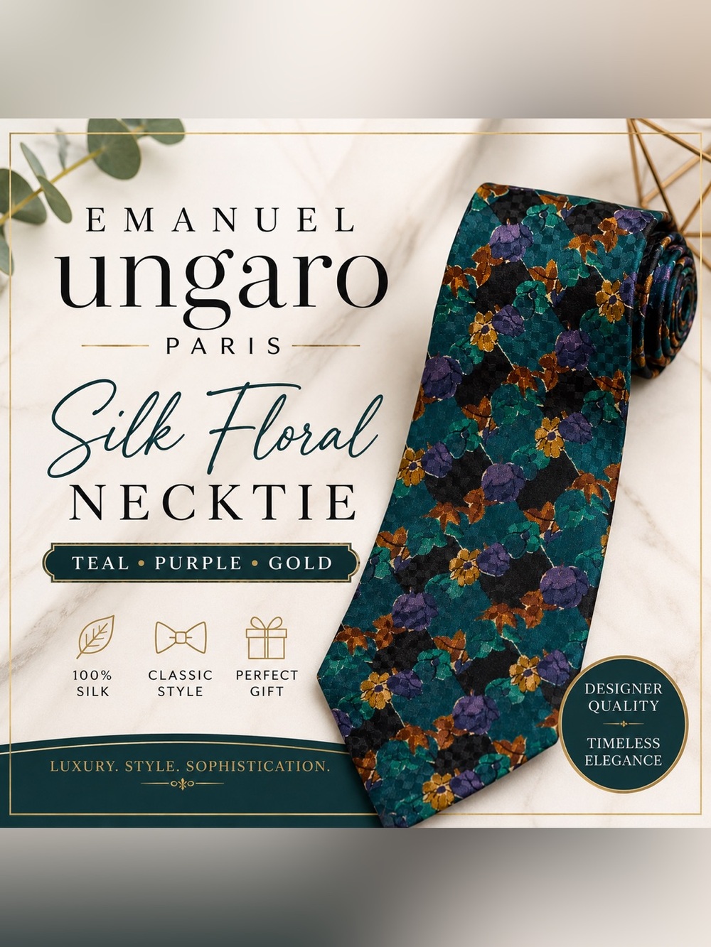 Emanuel Ungaro Paris 100% Silk Floral Necktie Teal Purple Gold Luxury Designer